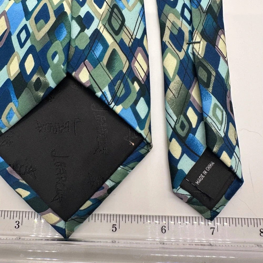 J. Garcia Necktie Geometric Diamond Pattern Blue Green Silk‎ Blend